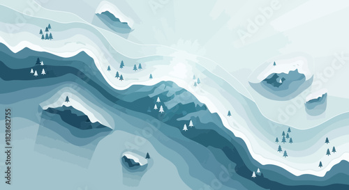 Abstract winter landscape with layered mountains and scattered pine trees illustration