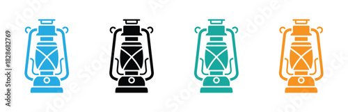 Vector of Camping Lantern. Camping Lamp. Vibrant camping lanterns in blue, green, black, and orange. Camping Lantern Portable Light Vector Icon Design.  