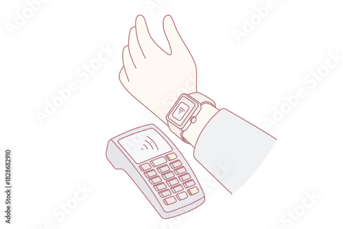 Person pay with smartwatch on bank terminal in shop. Modern man make transaction with smart watch in store. Banking and payment. Vector illustration.