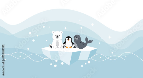 Cartoon arctic friends on drifting iceberg with winter pastel gradient background illustration