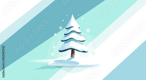 Cartoon winter landscape with snow-covered tree and light blue striped background