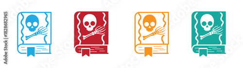 Colorful spooky books with skulls and skeleton hands pop art. Horror Book for Creepy halloween Vector Icon.