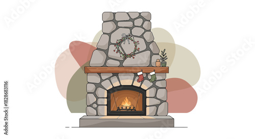 Charming stone fireplace illustration adorned with festive holiday wreath and stockings for a cozy