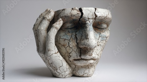 This artwork features a detailed sculpture of a cracked human face resting on a hand expressing deep emotion. The piece showcases themes of fragility and contemplation in an artistic setting.