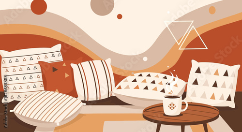 Cozy bohemian interior with patterned cushions and a steaming mug of aromatic beverage
