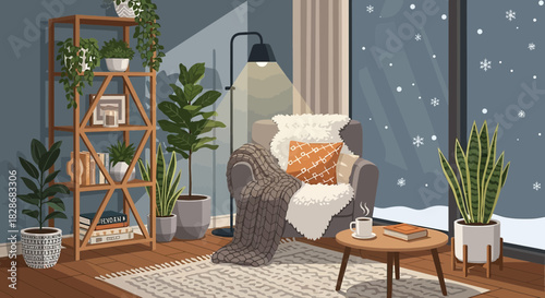 Comfortable winter scene featuring indoor houseplants armchair and snowfall outside creating a