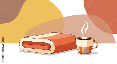 Cozy cartoon scene showcasing a folded blanket and a steaming mug of hot chocolate  depicting