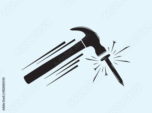 Dynamic Hammer Strike Icon — Bold Black Vector with Motion Streaks and Spark Fragments
