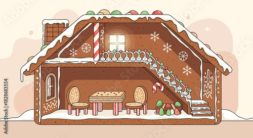 Cozy gingerbread house illustration with edible furniture and sweet decorations