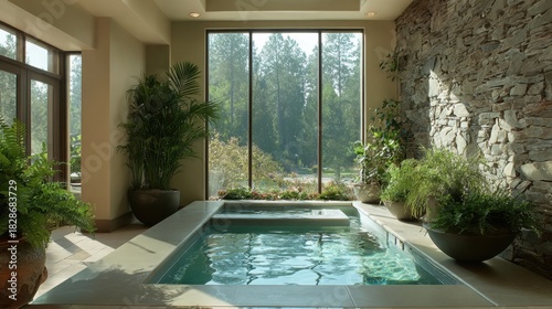 A tranquil indoor spa features a small pool surrounded by lush plants and a large window showing a serene outdoor landscape under bright daylight.