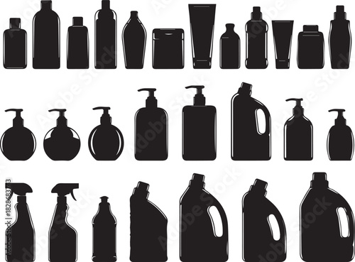 Assorted black and white product container silhouettes for household cleaning storage