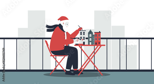 Craftsman with meticulous hands creates miniature architectural models on balcony urban