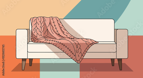 Cozy sofa adornment, illustration of relaxed interior design with warm blanket