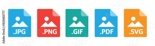Image file formats vector icons set. JPG, PNG, pdf,  GIF, SVG, file document symbol. Popular file formats for documents and media online.