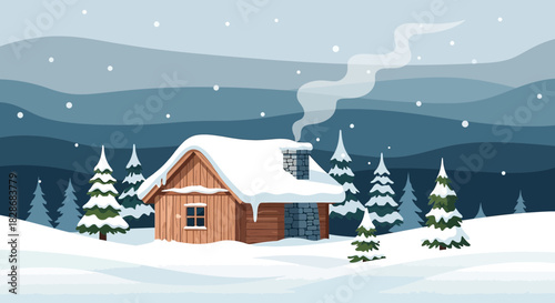 Cozy winter cabin retreat nestled amidst snowy pines in a serene cartoon landscape