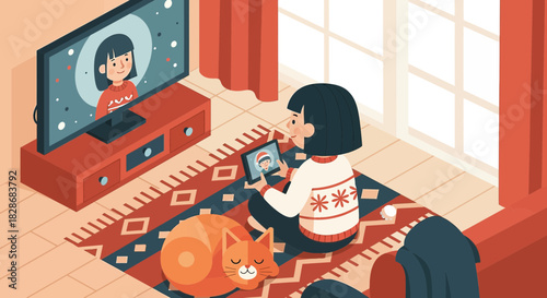 Cozy winter connectivity: A stylized illustration of a virtual holiday gathering at home