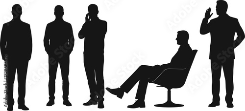 Business professional silhouettes, office teamwork, corporate collaboration, leadership concept, executive staff standing, seated figure, formal attire, workplace 