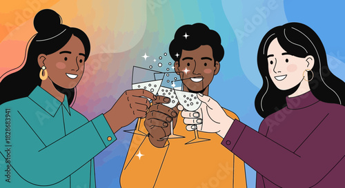 Diverse group of friends celebrating with sparkling drinks, a toast to a joyful moment and vibrant