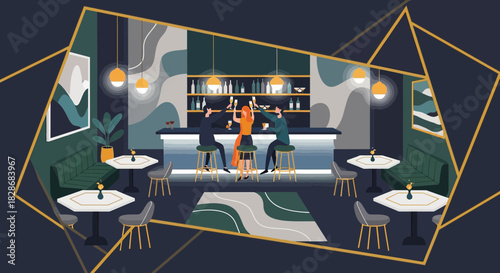 Elegant bar scene with geometric accents featuring people celebrating with drinks and modern