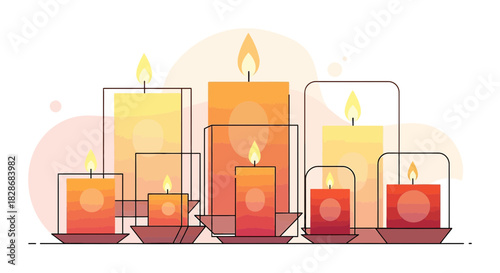 Elegant candle arrangement with warm gradient hues and outlined holders creates cozy atmosphere
