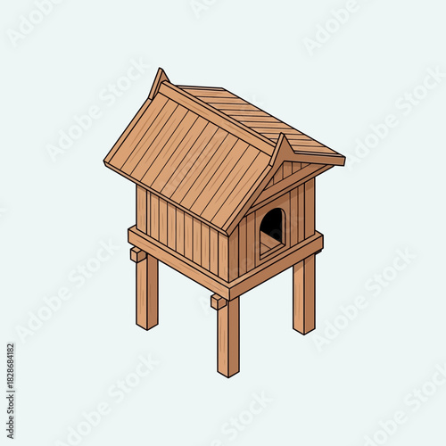 Isolated traditional wooden spirit house representation in cartoon style