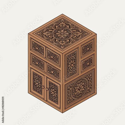 Ornate Wooden Cabinet Design with Detailed Carvings in Isometric Projection