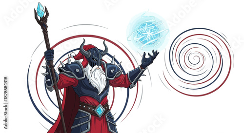 Enigmatic ice wizard summoning a frosty orb with dark spiral accents and a crystal staff