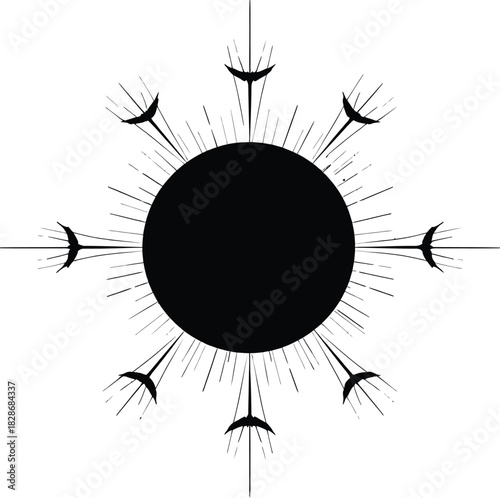 Celestial eclipse icon in black line style featuring central circle with radiating crescents and symmetrical rays
