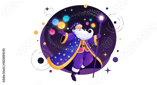 Enchanting wizard wielding cosmic power amidst a celestial backdrop artwork illustration