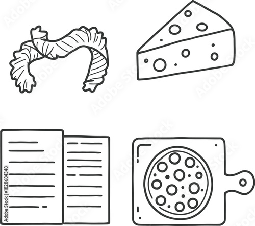 Culinary icon set in black line style featuring pasta cheese pizza and open book