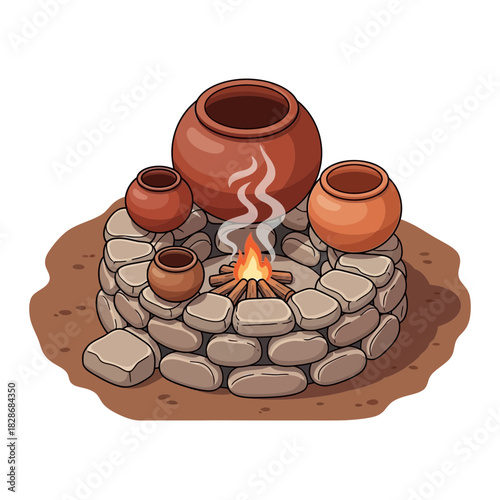 Primitive cooking setup with clay pots and open fire illustration