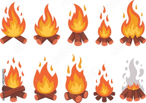 Campfire, flame, firewood, burning, smoke, outdoor, survival, heat, camping, bonfire, illustration, cartoon, ember, extinguished, teepee, crisscross, fire stages, wilderness, graphic, design