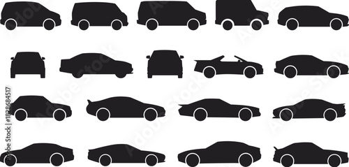 Car silhouette collection, sedan, van, convertible, sports car, compact vehicle, front view, side view, black transport icons, isolated graphic