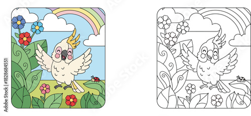 Cute cartoon cockatoo bird standing in garden with rainbow vector illustration. Adorable white parrot character having fun with flowers and ladybug in nature.