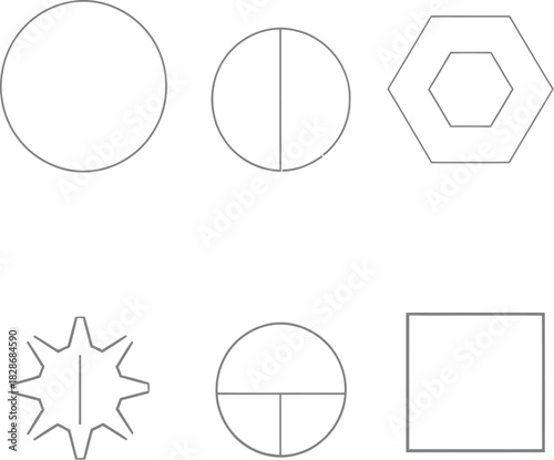 Geometric shape icon set in black line style featuring circles hexagon star and square with internal divisions