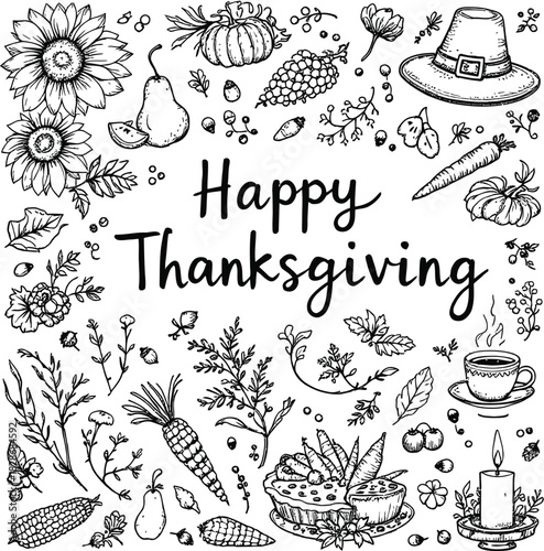 Thanksgiving illustration in black line style featuring “Happy Thanksgiving” text with harvest and seasonal icons