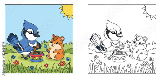 Cute cartoon blue jay bird and hamster cooking acorns together in garden vector illustration. Adorable animal friends having picnic on grass with flowers and sun.