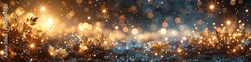 Panoramic view of a dazzling bokeh display of golden and blue lights, creating a magical and festive atmosphere