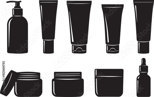 Black and white cosmetic bottles and containers for beauty products