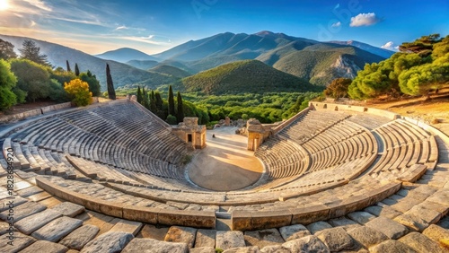 Ancient Greek theater in Epidaurus with a stone facade and a scenic view of the surrounding hills