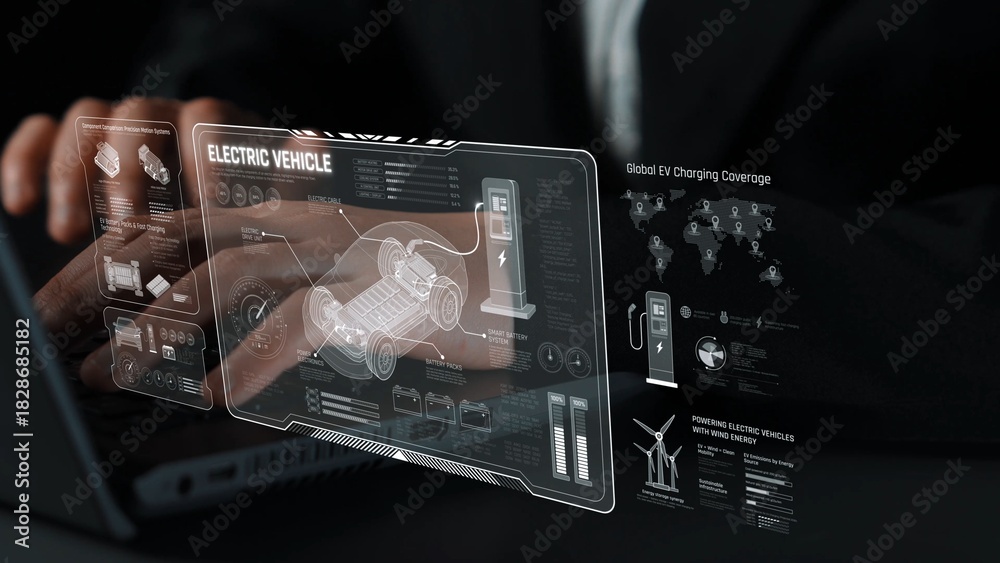 Fototapeta premium Technical layout of electric vehicle showing battery system, power control, traction motor, charging interface, and integration with renewable and smart energy sources Marrow