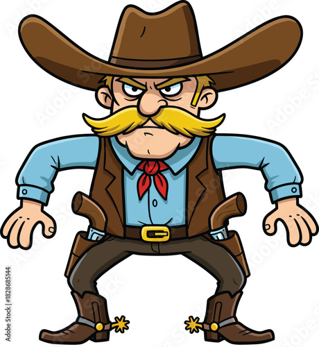 Cartoon cowboy character with hat mustache angry face, revolvers holsters boots spurs, western showdown illustration, vintage Wild West vector