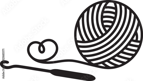 Ball of Yarn with Crochet Hook Linear Vector Illustration