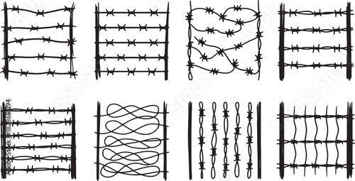 Barbed wire fence silhouette vector art collection