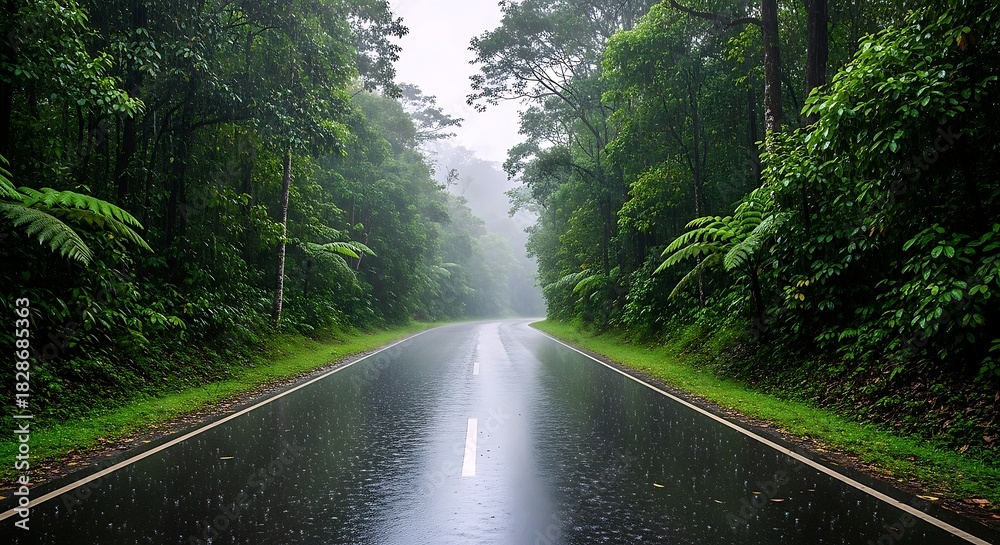 Obraz premium A Picturesque Wet Road Winds Through A Dense, Lush Rainforest, Shrouded In Mist And Rain, Evoking A Serene Journey Into Nature's Heart.