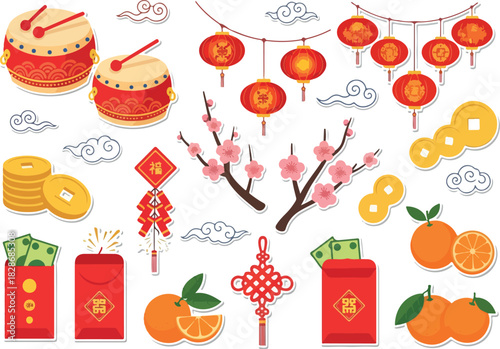 Festive Chinese New Year Decorations Drums, Lanterns, and Lucky Elements