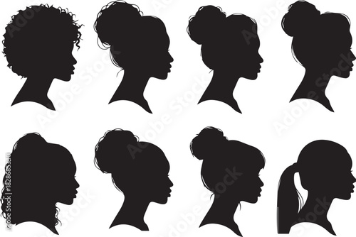 Black women silhouette collection with different hairstyles on white background