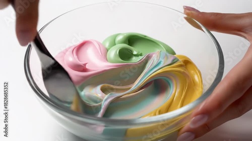 Creamy pastel food coloring being mixed in glass bowl overhead shot