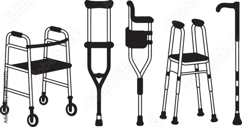 Mobility Aids Black Icons Set on Transparent Background
