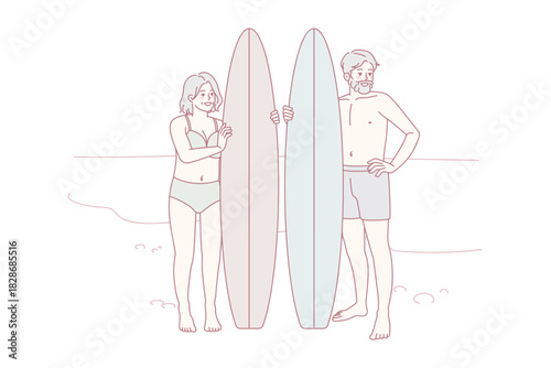 Happy older people with surfboards standing on beach. Energetic active elderly man and woman enjoy surfing. Good maturity. Vector illustration.